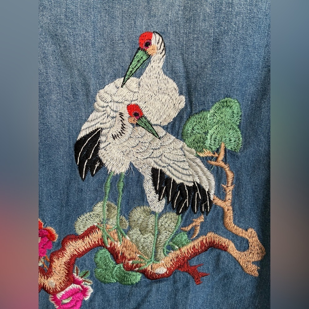 Anthropologie Holding Horses Top XXSP Embroidered Pearl Snap Denim Shirt Crane - Picture 3 of 9